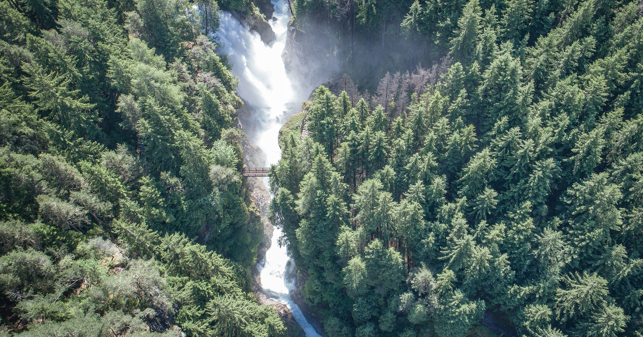 Cascata con alberi e un ponte in Valle Aurina - Hotel Anewandter