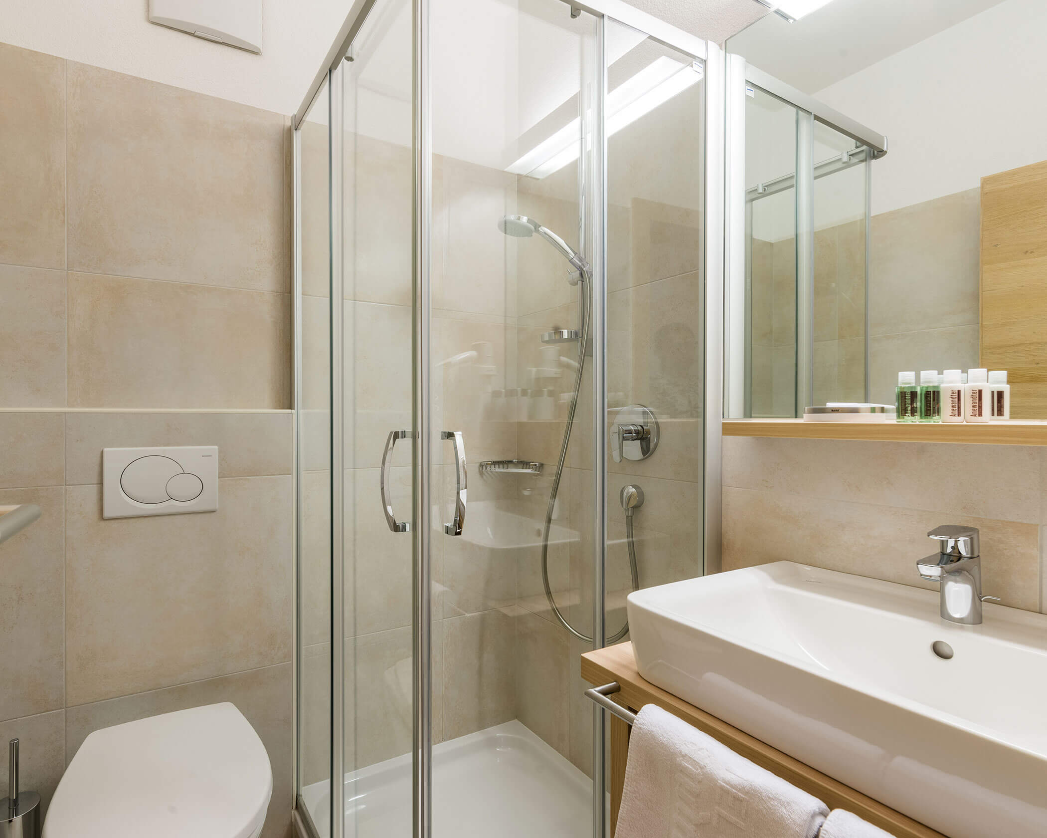 Bagno con WC, doccia e lavandino nella camera doppia - Hotel Anewandter