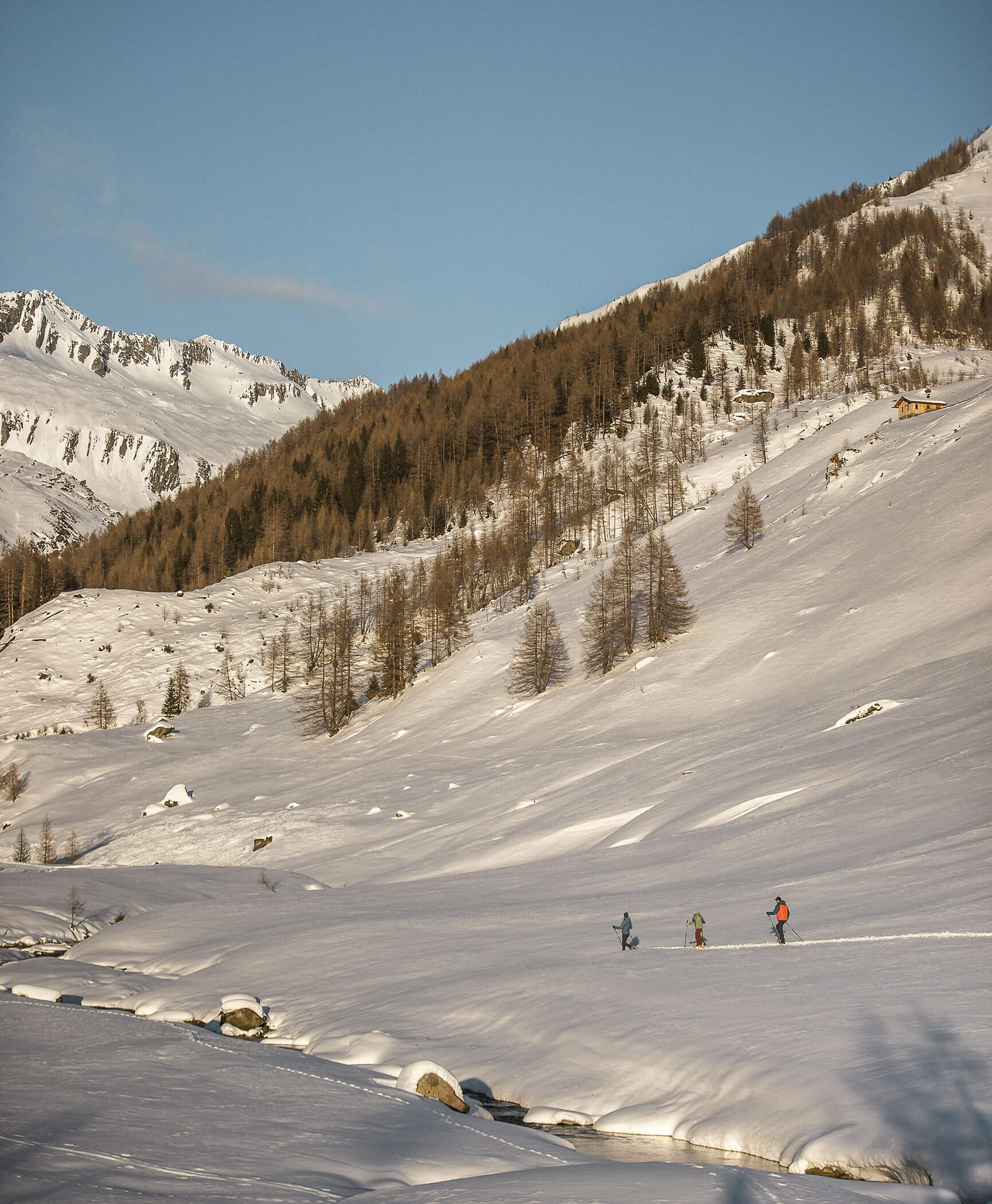 Tre escursionisti con le ciaspole nella neve fresca in Valle Aurina - Hotel Anewandter